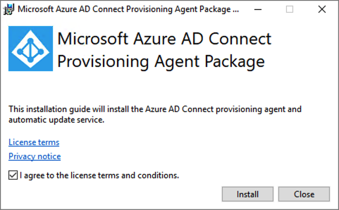 Microsoft Azure AD Connect 프로비저닝 에이전트 패키지 시작 화면을 보여 주는 스크린샷