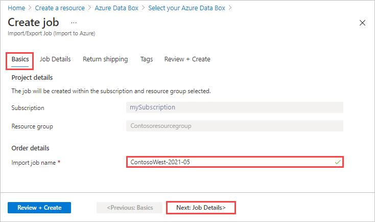 Azure Data Box에서 가져오기 작업에 대한 기본 사항 탭을 보여 주는 스크린샷 기본 사항 탭, 작업 이름 가져오기 텍스트 상자 및 다음: 작업 세부 정보 단추가 강조 표시됩니다.