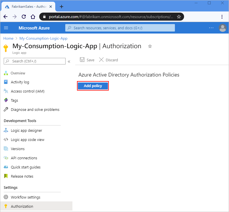 Azure Portal, 사용량 논리 앱 메뉴, 권한 부여 페이지 및 정책을 추가하기 위해 선택한 단추를 보여 주는 스크린샷.