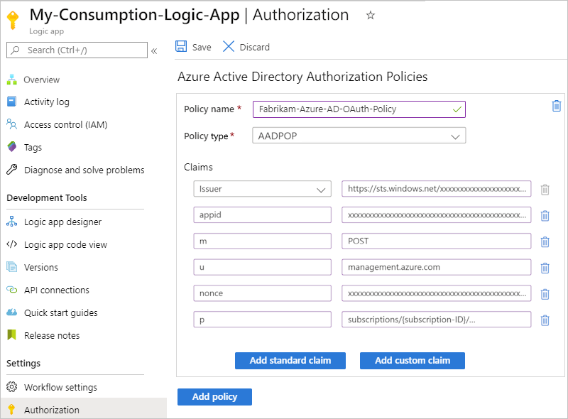 Azure Portal, 사용량 논리 앱 권한 부여 페이지 및 소유 증명 정책에 대한 정보를 보여 주는 스크린샷.