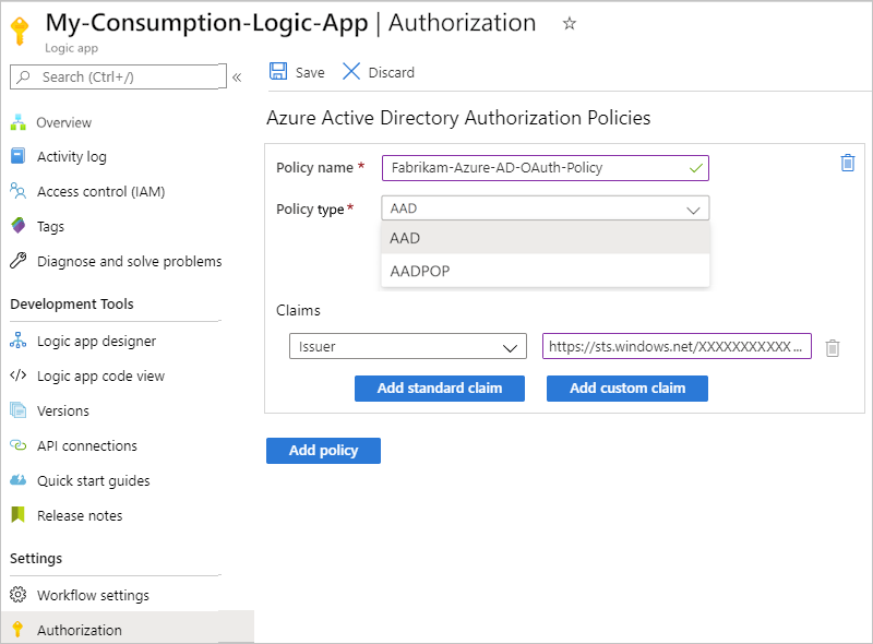 Azure Portal, 사용량 논리 앱 권한 부여 페이지 및 권한 부여 정책에 대한 정보를 보여 주는 스크린샷.