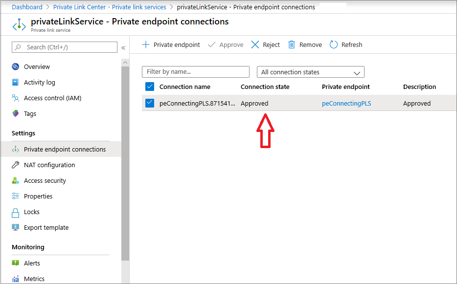 Screenshot of Private endpoint connections.