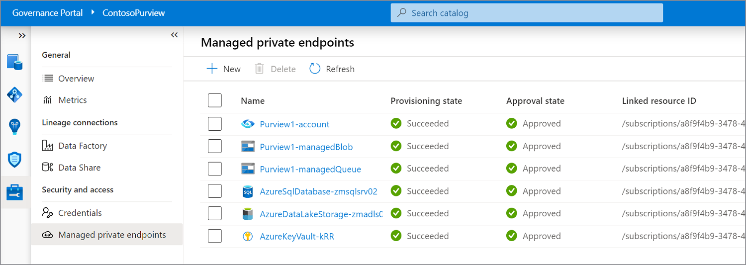 Purview 거버넌스 포털의 Azure Key Vault 포함하여 관리되는 프라이빗 엔드포인트를 보여 주는 스크린샷