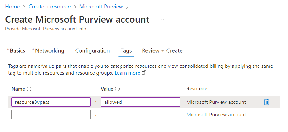 Microsoft Purview 계정에 태그를 추가합니다.