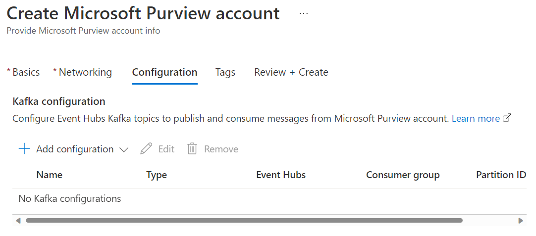 Microsoft Purview 계정 만들기 창의 Event Hubs 구성 페이지를 보여 주는 스크린샷