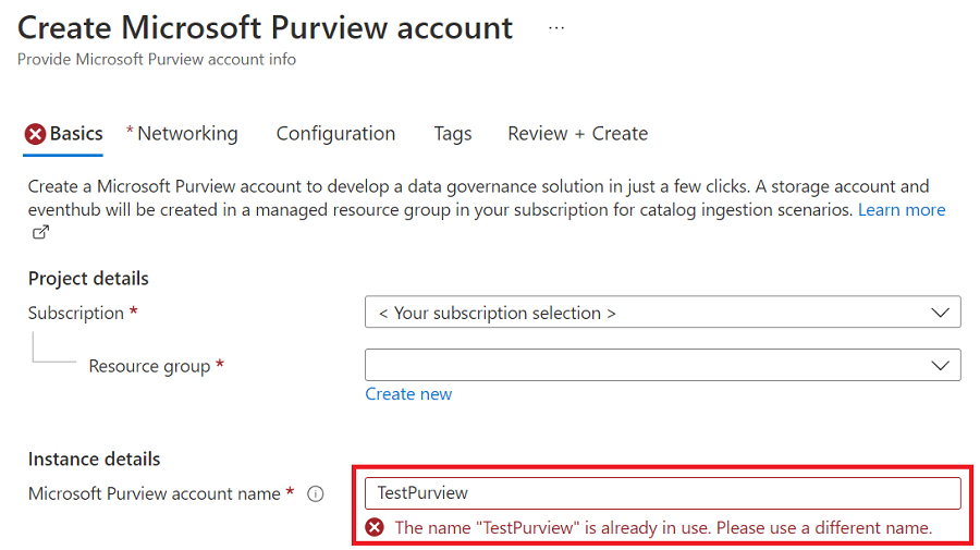 이미 사용 중인 계정 이름과 오류 메시지가 강조 표시된 Microsoft Purview 계정 만들기 화면을 보여 주는 스크린샷
