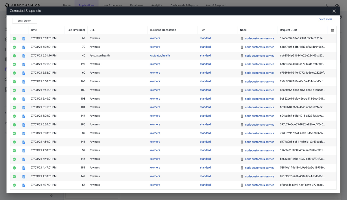 AppDynamics screenshot showing the Correlated Snapshots page accessed from the Slowest Database Calls page.