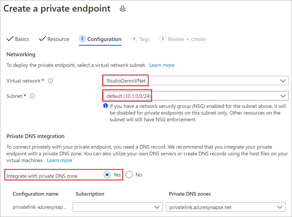 Screenshot of Create a private endpoint, Configuration tab.