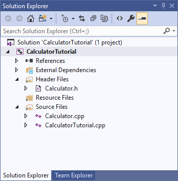 Calculator Tutorial 프로젝트가 표시된 Visual Studio 2019 솔루션 탐색기 창의 스크린샷