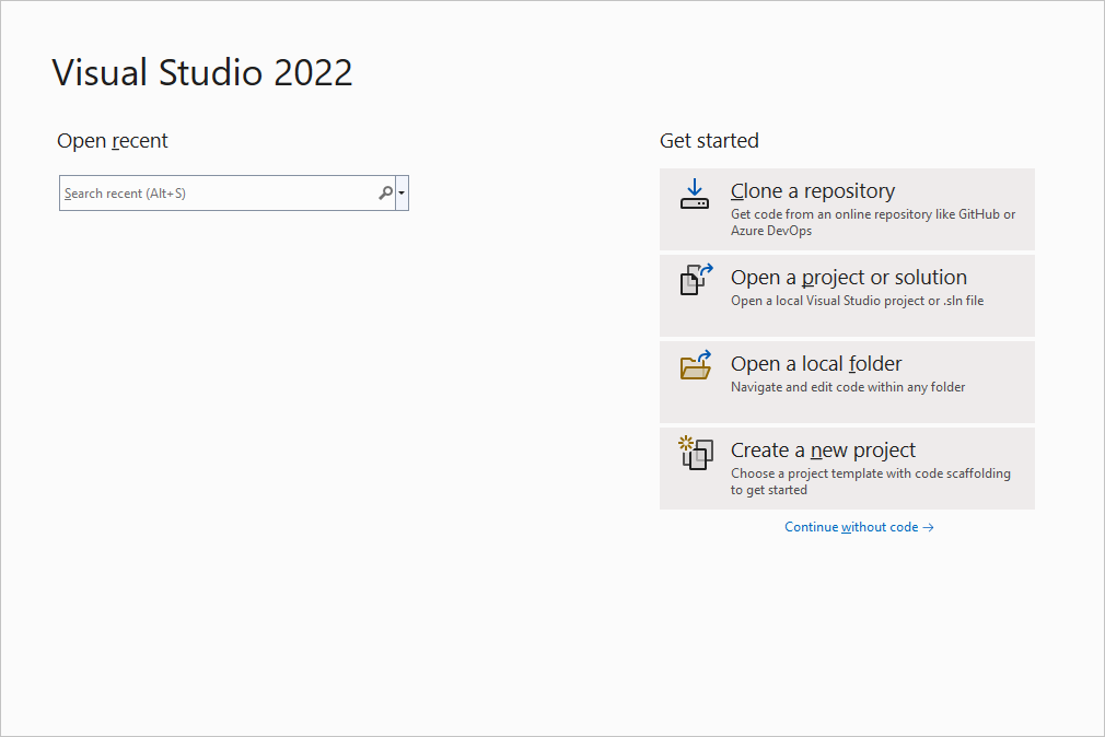 새 프로젝트 만들기, 기존 프로젝트 열기 등과 같은 옵션이 포함된 Visual Studio 2022 첫 번째 대화 상자의 스크린샷