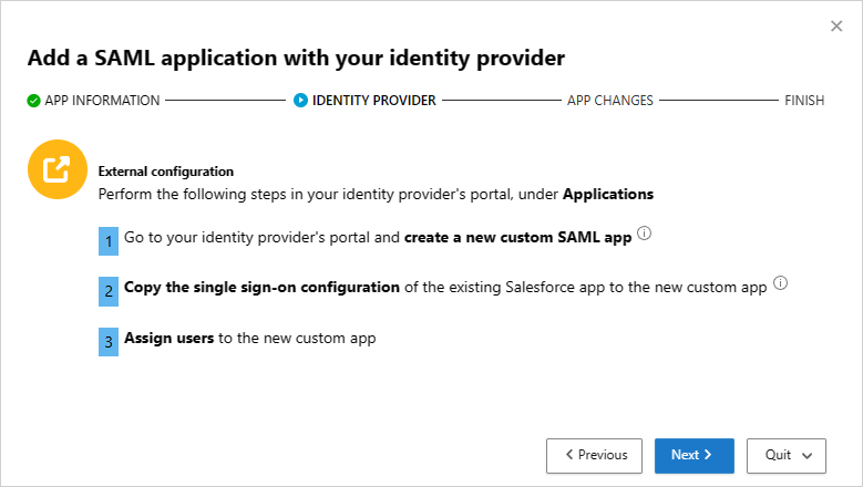 ID 공급자 대화 상자를 사용하여 SAML 애플리케이션 추가 대화 상자의 ID 공급자/외부 구성 영역을 보여 주는 스크린샷