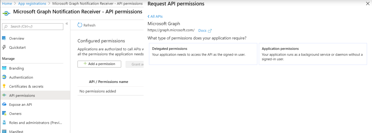Screenshot of the Request API permissions page of the Microsoft Entra admin center
