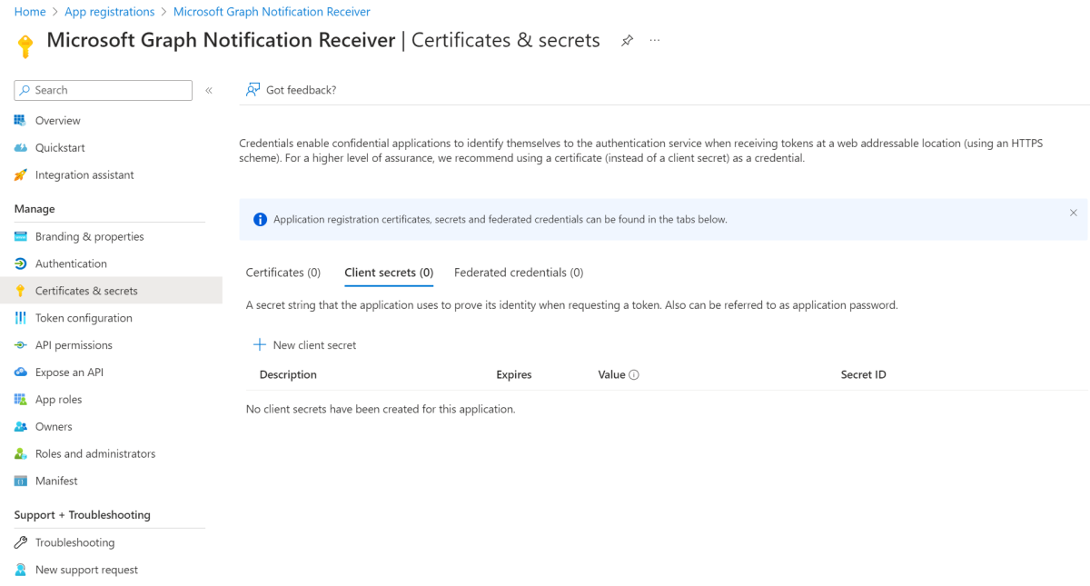 Screenshot of app certificates and secrets in the Microsoft Entra admin center