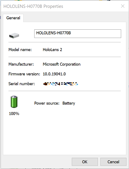 HoloLens 2 속성 화면에 배터리 충전 수준이 표시됩니다.