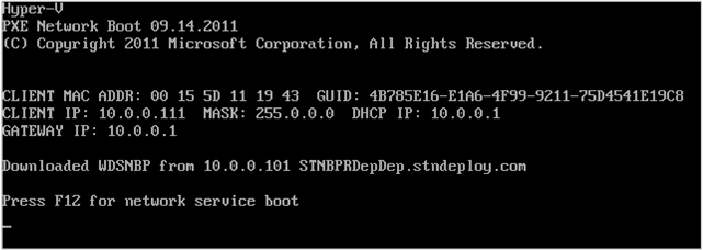 Hyper-V 가상 머신의 BIOS PXE 화면 예제입니다.