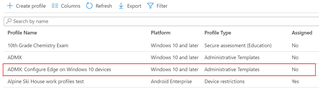 ADMX 정책 설정의 스크린샷은 Microsoft Intune 및 Intune 관리 센터의 디바이스 구성 프로필 목록에 표시됩니다.