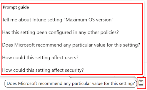 Microsoft Intune 및 Intune 관리 센터에서 규정 준수 정책에 설정을 추가할 때 Copilot 프롬프트 가이드를 보여 주는 스크린샷