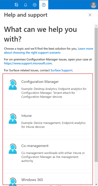 Microsoft Intune 관리 센터의 구독에서 사용 가능한 도움말 및 지원 서비스를 보여 주는 스크린샷