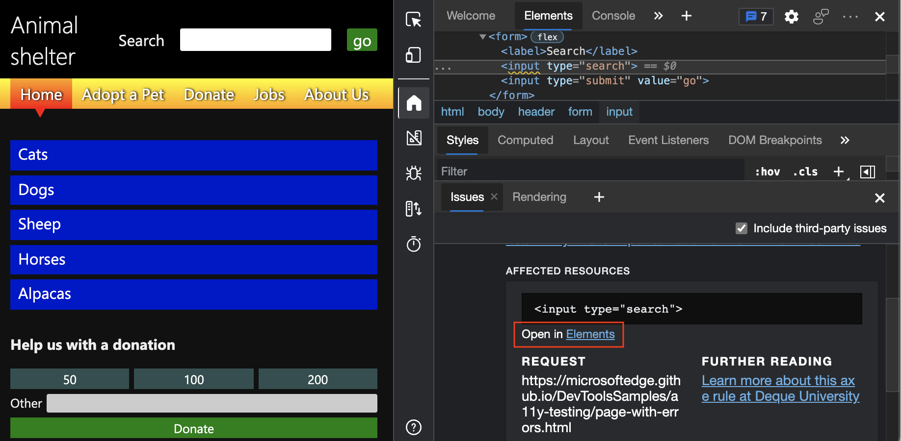 Elements tool showing the problematic HTML after clicking the link in the Issues tool