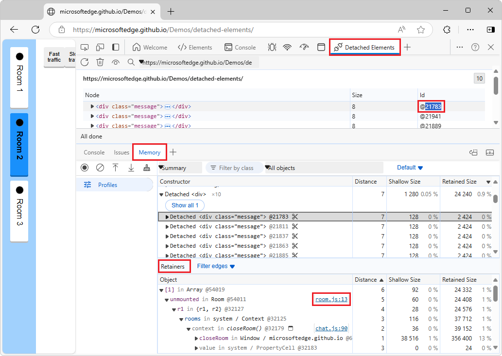 Referencing a heap snapshot from the Detached Elements tool