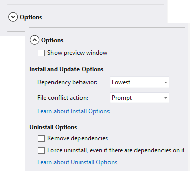 확장된 NuGet 패키지 관리자 옵션 컨트롤을 보여 주는 스크린샷