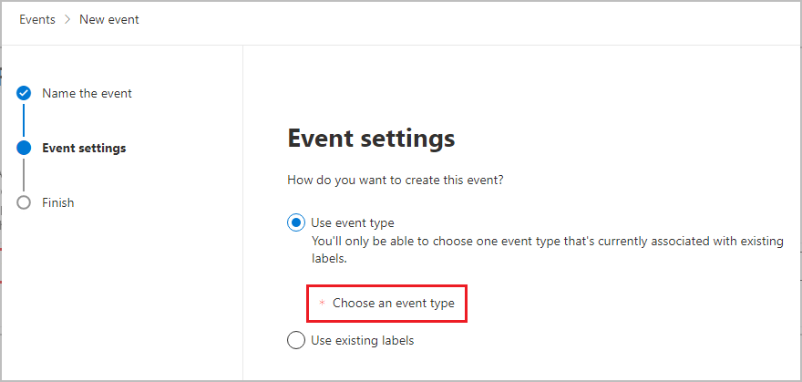 이벤트 유형을 선택하기 위한 이벤트 설정 옵션.