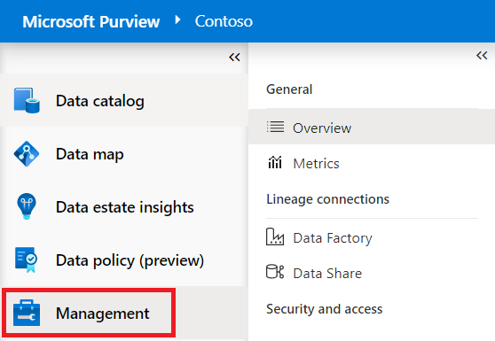 다음 메뉴에서 관리 섹션이 강조 표시되고 개요가 선택된 Microsoft Purview 거버넌스 포털 왼쪽 메뉴의 스크린샷