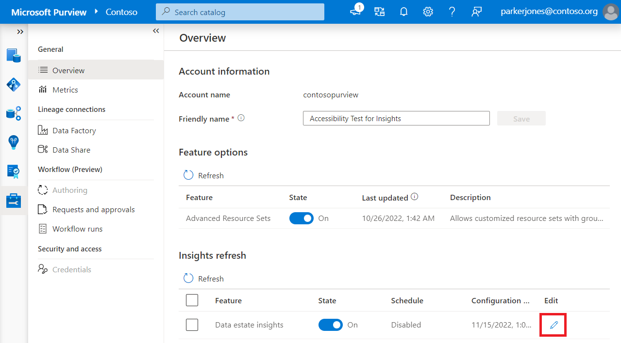 Data Estate Insights 기능 옵션에 대해 새로 고침 빈도 드롭다운이 강조 표시된 Microsoft Purview 거버넌스 포털의 관리 섹션에 있는 개요 창의 스크린샷.