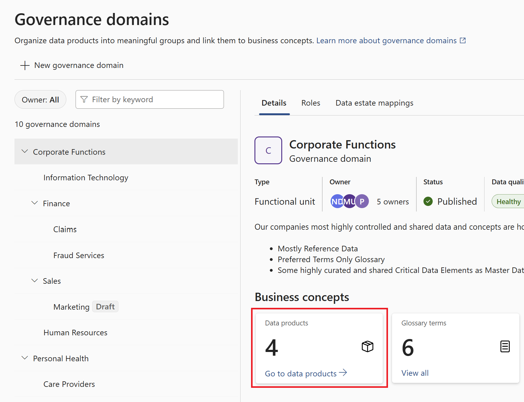 Screenshot of a business domain's details page, with the data products card highlighted