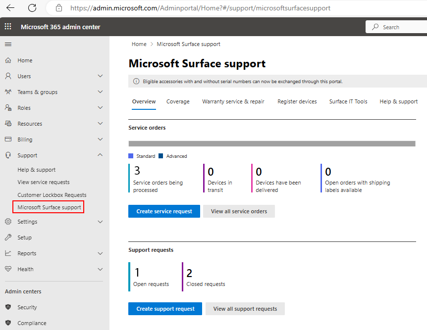 Surface 지원 포털의 스크린샷