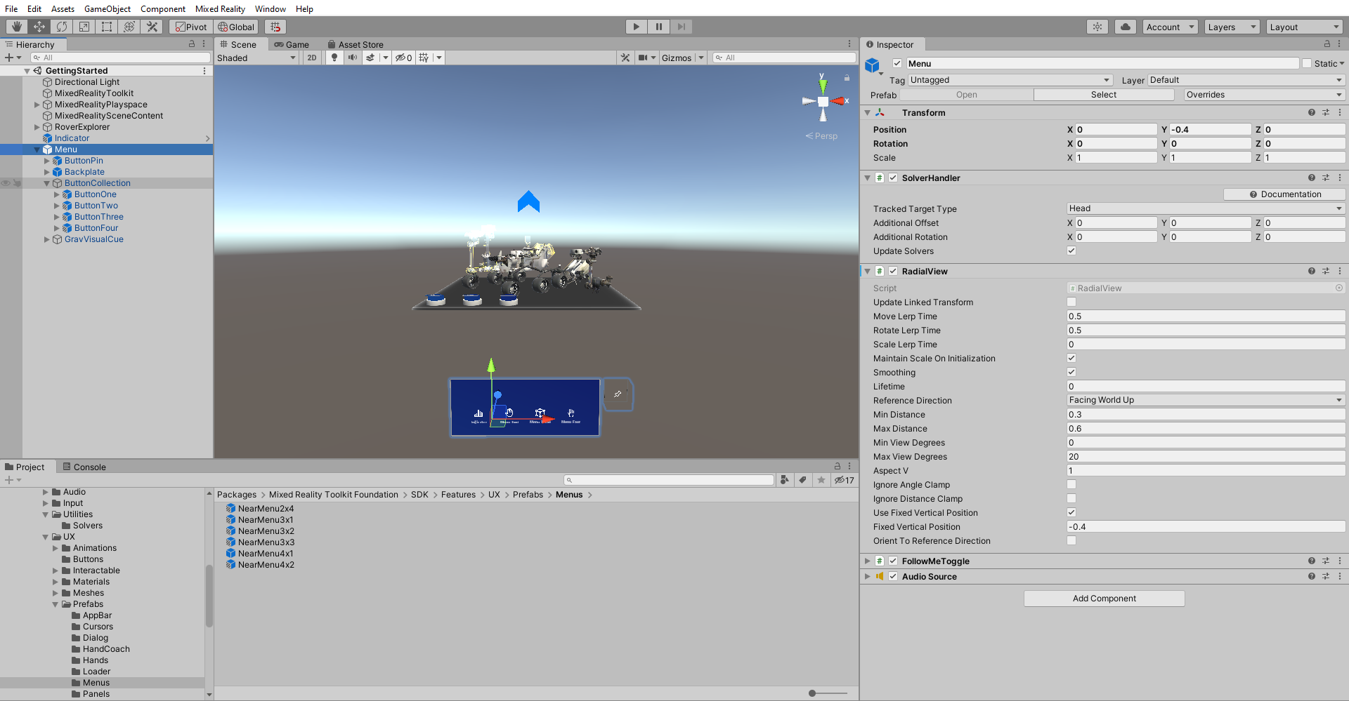 Screenshot of Unity with Menu object selected and ButtonCollection object expanded.