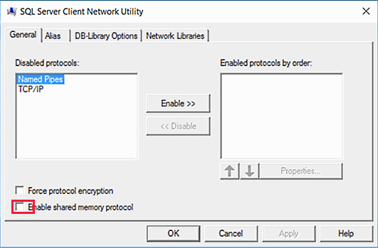 SQL Server 클라이언트 네트워크 유틸리티 대화 상자의 스크린샷. 공유 메모리 프로토콜 사용 검사 상자가 지워집니다.