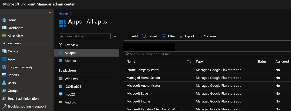Microsoft Intune 관리 센터의 모든 앱 페이지입니다.