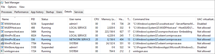 스크린샷은 작업 관리자의 높은 CPU 사용량 서비스를 보여줍니다.