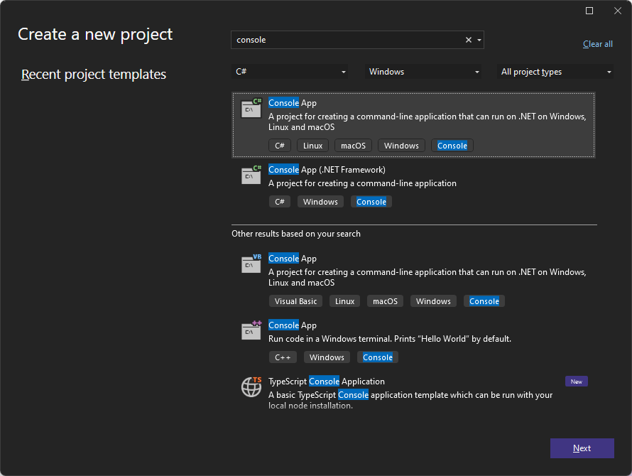 Visual Studio 2022의 '새 프로젝트 만들기' 창에 있는 '콘솔 애플리케이션' 템플릿의 스크린샷.