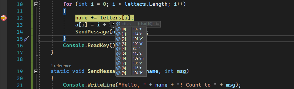 'letters' 배열 변수의 요소 값을 보여 주는 Visual Studio 2022의 디버거 데이터 팁의 스크린샷.