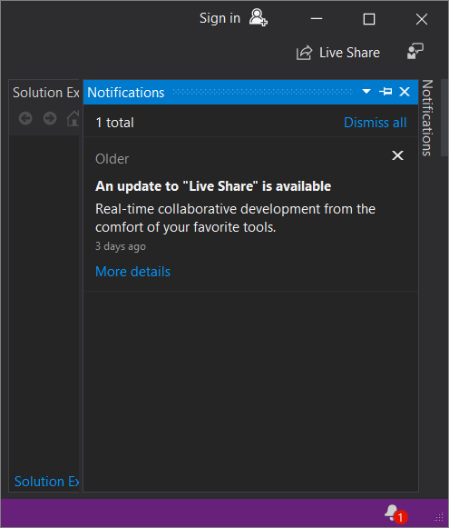 Visual Studio IDE의 알림 도구 창