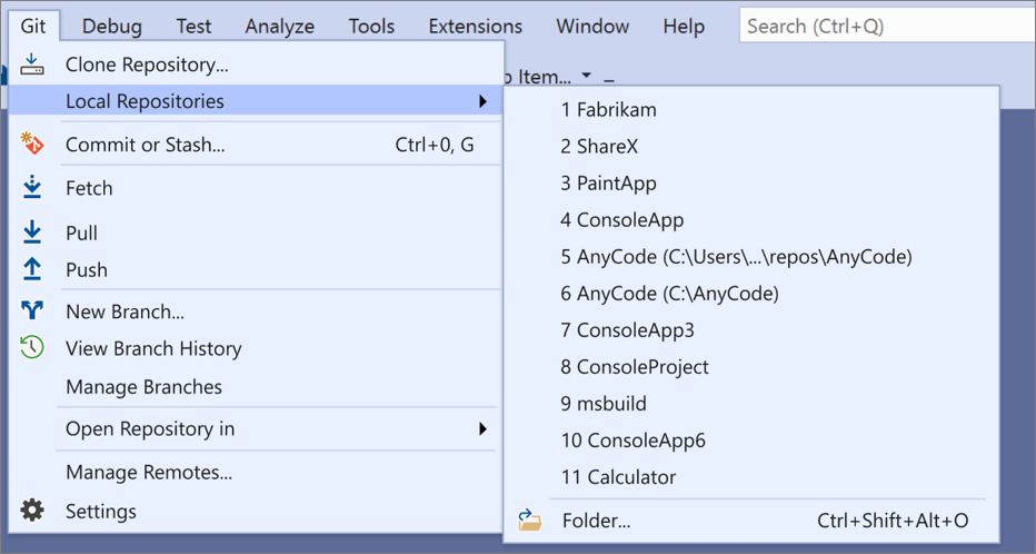 Visual Studio에 있는 Git 메뉴의 로컬 리포지토리 옵션 