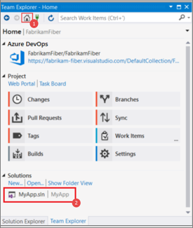 Visual Studio 2019에서 ‘솔루션 열기’ 프로시저 오버레이가 포함된 팀 탐색기, 홈 창의 스크린샷