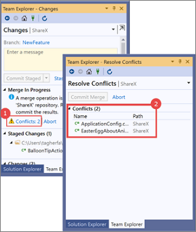 Visual Studio 2019에서 프로시저 오버레이가 포함된 팀 탐색기에 있는 변경 내용 창 및 충돌 해결 창의 스크린샷 콜라주