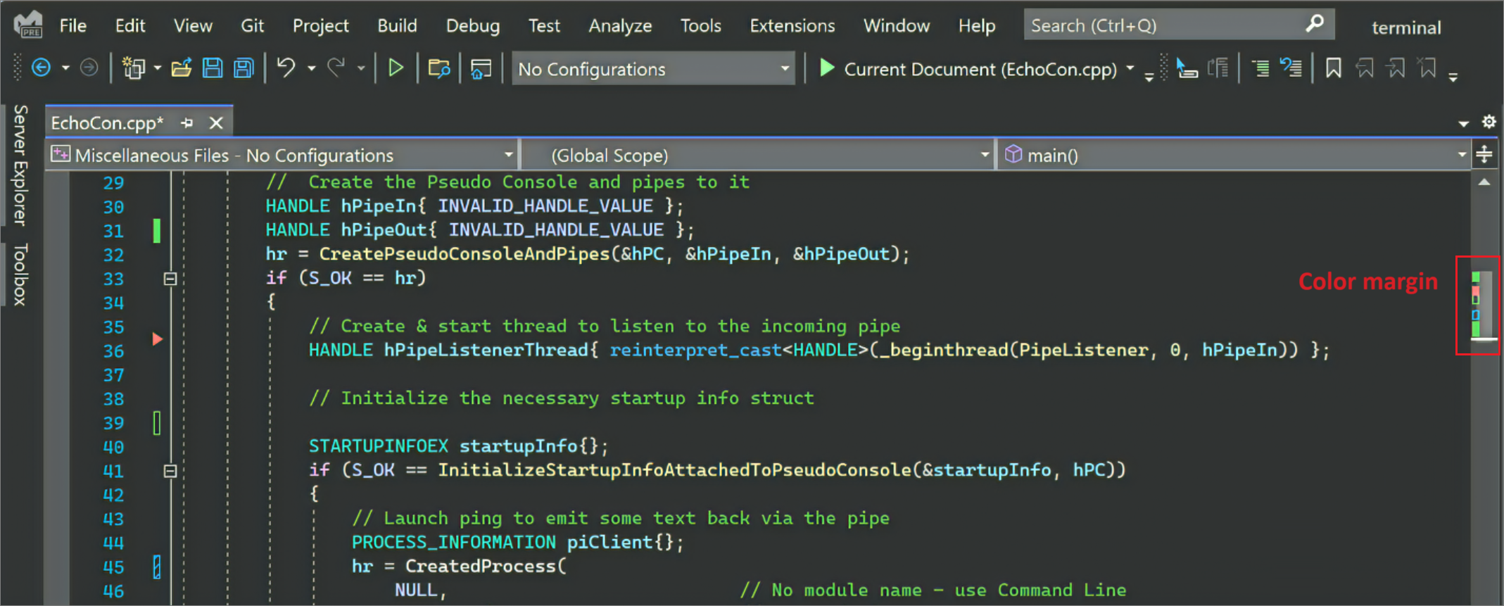 Screenshot of the color margins in the Visual Studio 2022 editor.