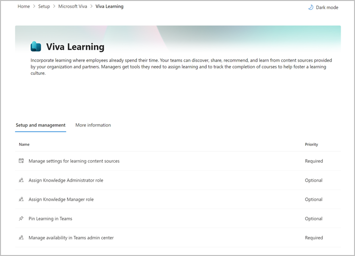 Viva Learning 설정 목록을 표시하는 Microsoft 365 관리 페이지