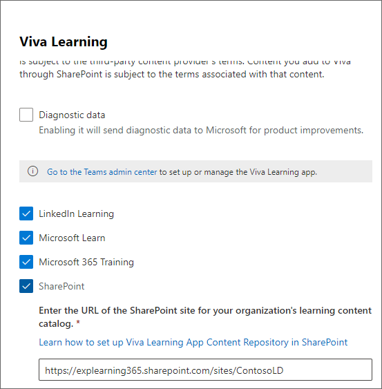 선택한 SharePoint를 보여 주는 Microsoft 365 관리 센터 학습 패널입니다.