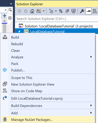 Screenshot of the Manage NuGet Packages menu item being selected