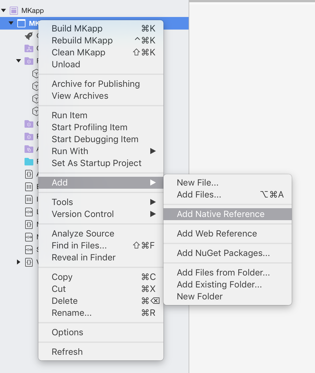 Select Add native references in Visual Studio for Mac