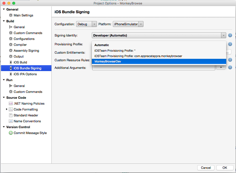 Select the provisioning profile just created