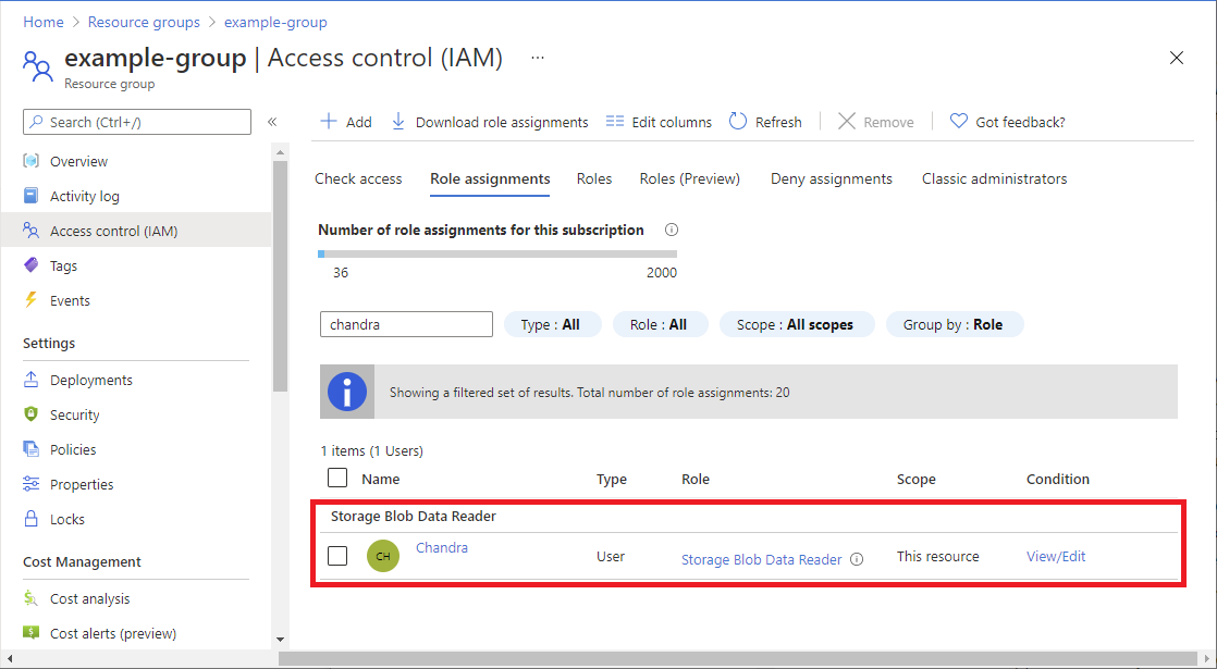 역할을 할당한 후의 역할 할당 목록 스크린샷