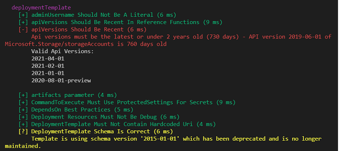 테스트 결과의 스크린샷은 통과, 실패 및 경고에 대한 다양한 색상으로 표시됩니다.