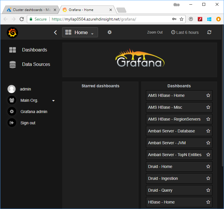 HDInsight Grafana 웹 대시보드.