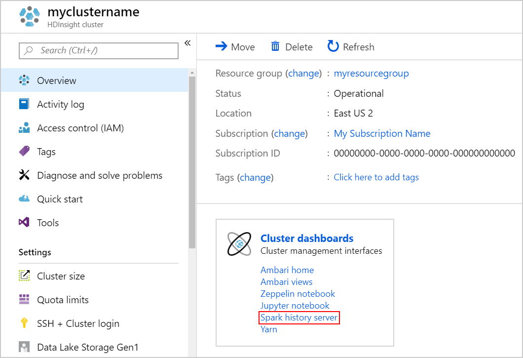 Azure Portal에서 Spark 기록 서버를 시작합니다.